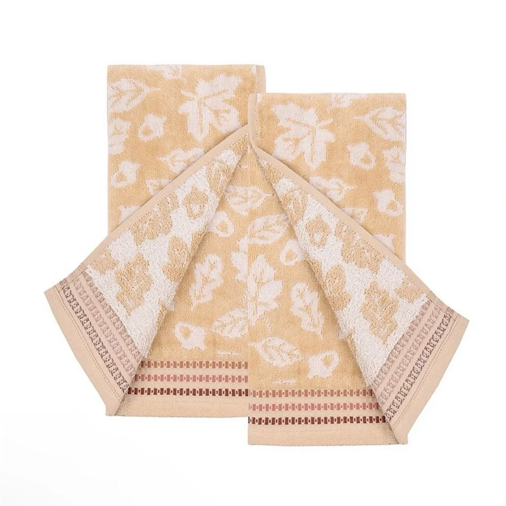 Leaf Patterned Tan and White Hand Towels Set of 2pc NWT